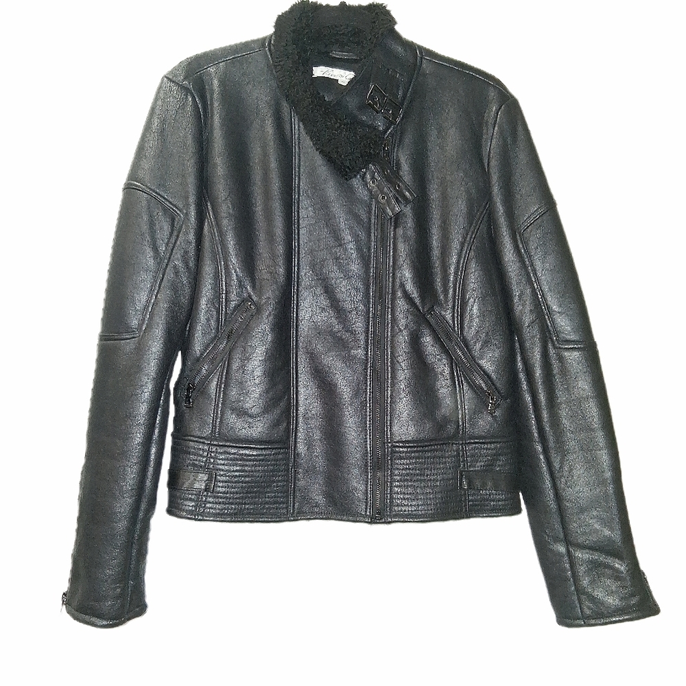 KENNETH COLE NY, BLACK FAUX LEATHER MOTO JACKET. XL
